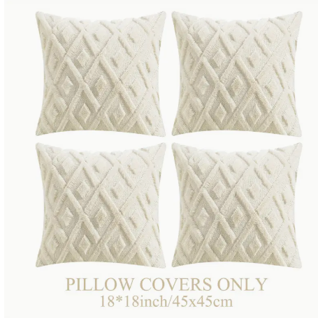 Set of 4 Boho Throw Pillow Covers 18x18 – Shaggy Plush Faux Wool with 3D Embroidered Geometric Pattern, Suede Zippered Cushion Cases for Couch, Bed & Home Decor