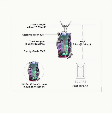 Luxury 925 Sterling Silver Rainbow Quartz Pendant Necklace – Square Cut, VVS Clarity, Elegant Women’s Jewelry