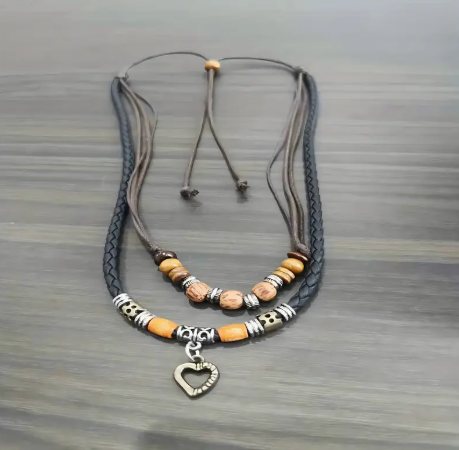 Vintage Heart Pendant Multi-Layer Necklace – Adjustable PU Leather with Wooden Beads | Boho Layered Choker