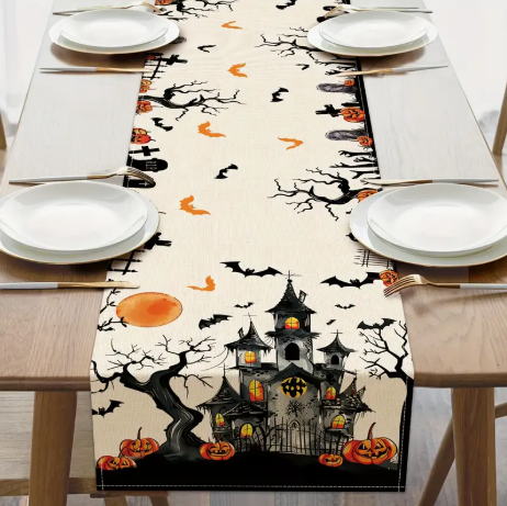 🎃 Halloween Haunted House Table Runner – 13x72in | Bats, Pumpkins & Spooky Mansion Design | Indoor/Outdoor Festive Decor