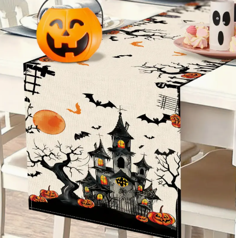 🎃 Halloween Haunted House Table Runner – 13x72in | Bats, Pumpkins & Spooky Mansion Design | Indoor/Outdoor Festive Decor