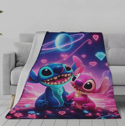 Stitch & Angel Neon Planet Throw Blanket – Official Disney Flannel Fleece Plush Blanket for Couch, Bed & Travel