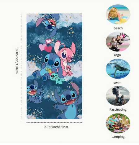 Disney Stitch & Angel Microfiber Beach Towel – Quick-Dry, Soft & Absorbent | Cute Cartoon Towel for Beach, Yoga, Pool, Travel & Gifts