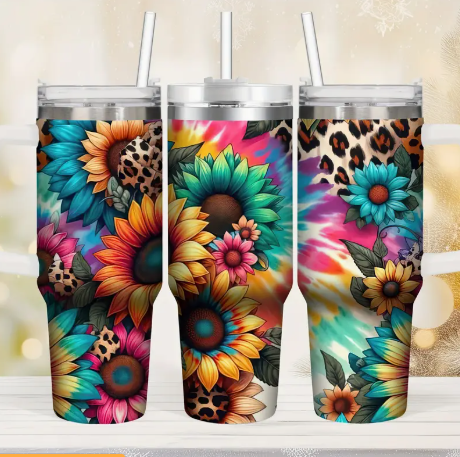 40oz Stainless Steel Tumbler with Handle and Straw, Flower Pattern