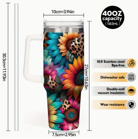 40oz Stainless Steel Tumbler with Handle and Straw, Flower Pattern