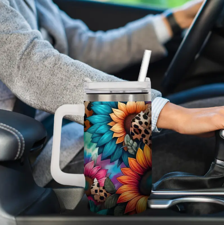 40oz Stainless Steel Tumbler with Handle and Straw, Flower Pattern