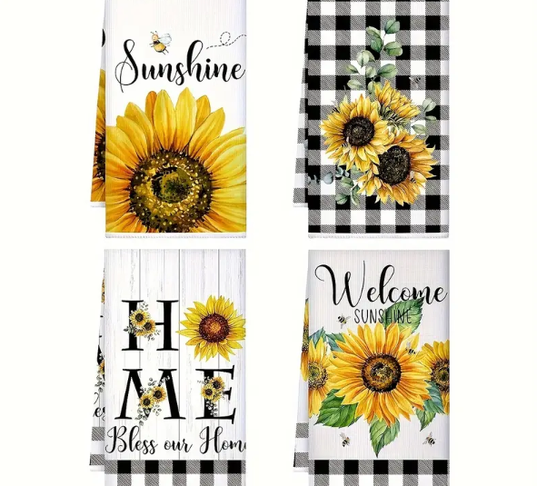 Sunflower/Plaid Microfiber Towels (4)