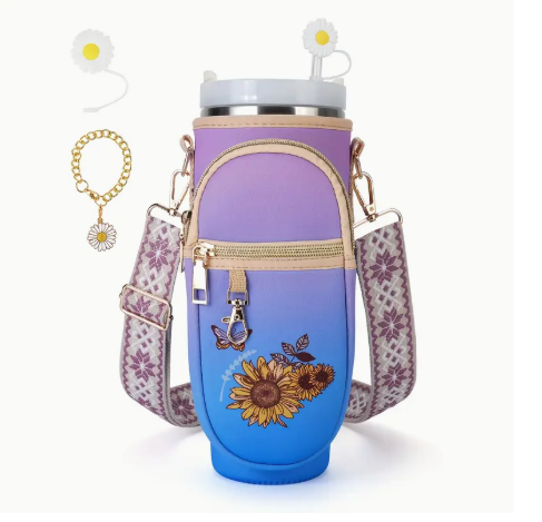 🧡 Sunflower Water Bottle Carrier Bag with Phone Pocket & Strap – Fits 40oz Tumblers | Adjustable & Stylish Travel Sleeve