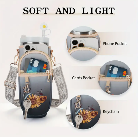 🧡 Sunflower Water Bottle Carrier Bag with Phone Pocket & Strap – Fits 40oz Tumblers | Adjustable & Stylish Travel Sleeve