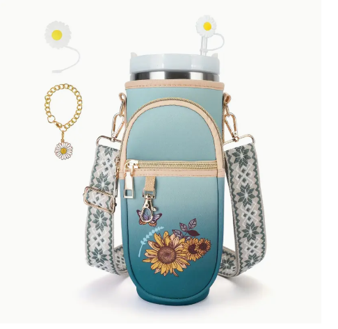 🧡 Sunflower Water Bottle Carrier Bag with Phone Pocket & Strap – Fits 40oz Tumblers | Adjustable & Stylish Travel Sleeve