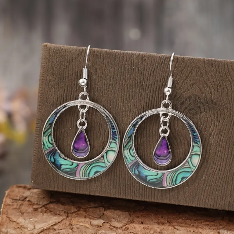 Vintage Bohemian Swirl Teardrop Earrings – Colorful Dangle Design with Purple Accent, Lightweight Alloy Hook Earrings for Everyday & Festival Wear