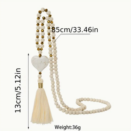 Boho White Turquoise Heart Tassel Beaded Necklace – 33" Long Layered Y-Shape Statement Jewelry with Gold Accents