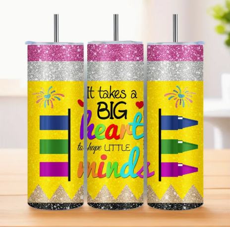 Big Heart Teacher Tumbler – 20oz Glitter Pencil Design Stainless Steel Travel Cup with Lid & Straw