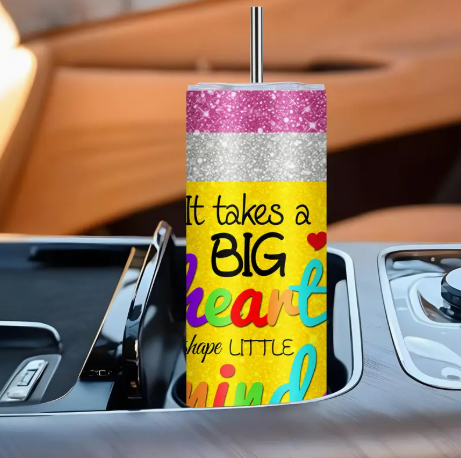 Big Heart Teacher Tumbler – 20oz Glitter Pencil Design Stainless Steel Travel Cup with Lid & Straw