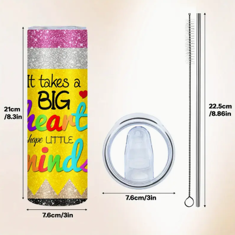 Big Heart Teacher Tumbler – 20oz Glitter Pencil Design Stainless Steel Travel Cup with Lid & Straw