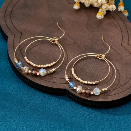 Boho Crystal Beaded Double Hoop Earrings – Lightweight 18K Gold Plated Tribal Style for Women
