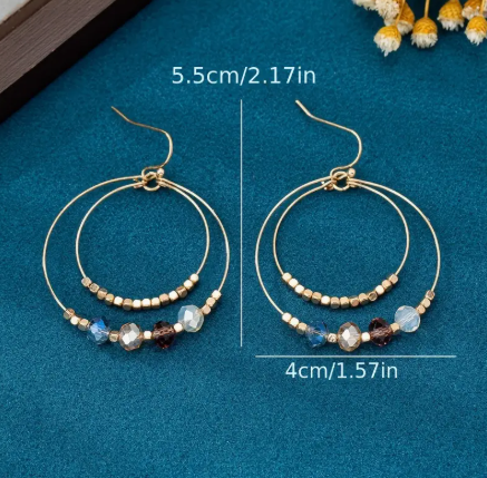 Boho Crystal Beaded Double Hoop Earrings – Lightweight 18K Gold Plated Tribal Style for Women