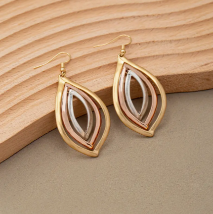 Boho Multi-Tone Layered Leaf Earrings – Gold, Rose Gold & Silver Teardrop Dangles