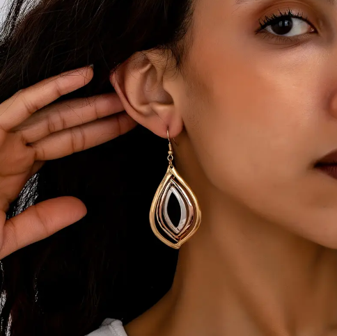 Boho Multi-Tone Layered Leaf Earrings – Gold, Rose Gold & Silver Teardrop Dangles