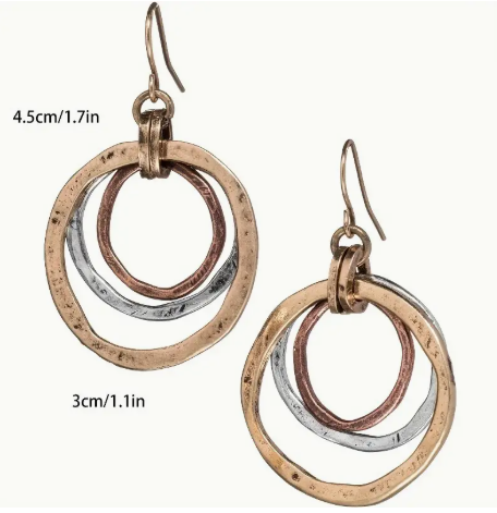 🌀 Handmade Boho Trio-Tone Circle Earrings - Rustic Chic Dangle Hoops