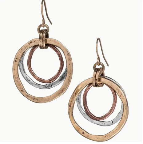 🌀 Handmade Boho Trio-Tone Circle Earrings - Rustic Chic Dangle Hoops