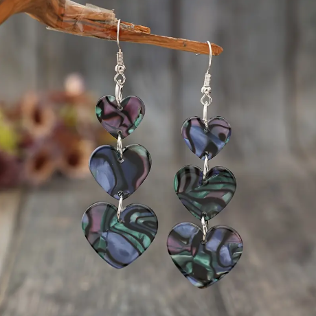 Vintage Acrylic Heart Dangle Earrings – Colorful Triple Heart Drop with Swirl Sequin Finish, Lightweight Statement Earrings