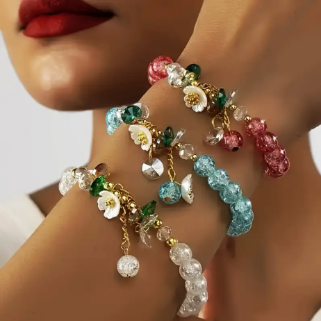 3-Piece Bohemian Flower Bead Bracelet Set – Colorful Crystal Beads with Dainty Charms, Cute Stacked Bracelets for Women