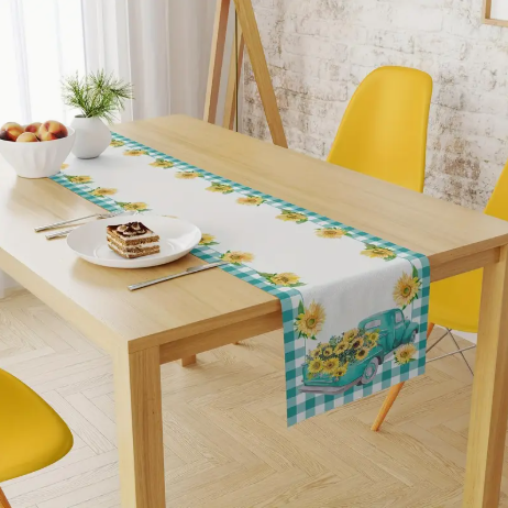 Rustic Teal Truck & Sunflower Table Runner – 13"x72" Farmhouse Country Plaid Burlap-Style Linen Decor for Indoor & Outdoor Dining