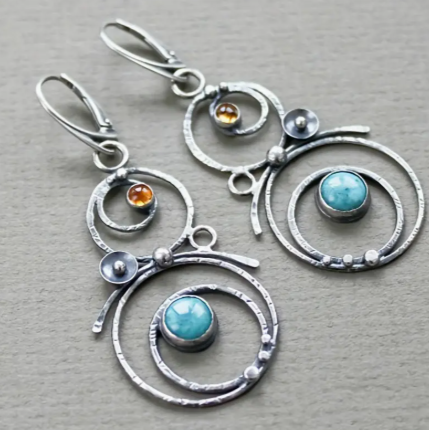🌀 Boho Blue Dangle Earrings – 925 Silver Plated Abstract Floral Drop Jewelry
