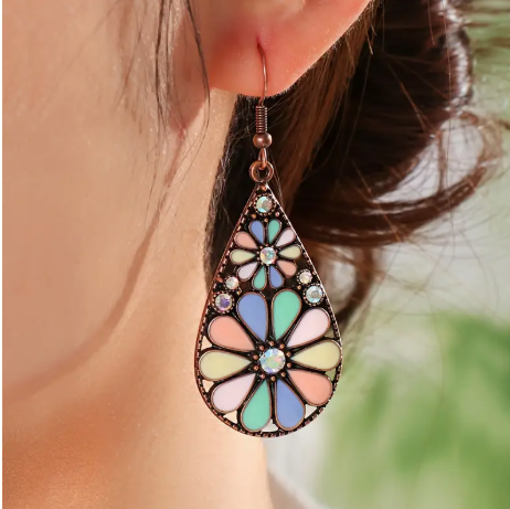 Vintage Teardrop Floral Earrings – Antique Bronze with Multicolor Enamel & Rhinestone Accents | Retro-Inspired Dangling Statement Jewelry