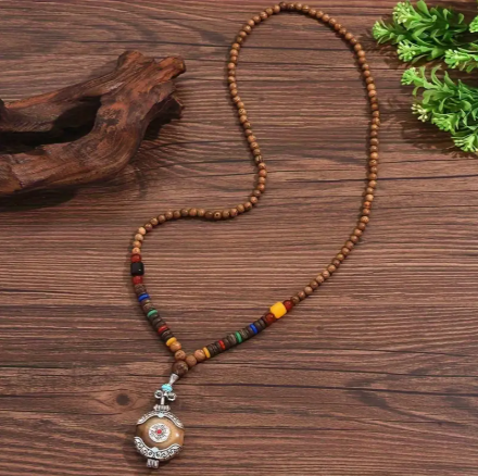 Vintage Wooden Beaded Necklace – Boho Long Necklace with Geometric Pendant and Multicolor Accents