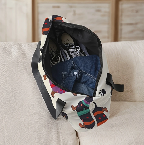 Large Capacity Travel Duffel Bag – Cartoon Sausage Dog Print, Durable Polyester for Gym, Yoga & Weekend Trips