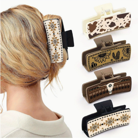 Western-Inspired Hair Claw Clips – Set of 4 Large Aesthetic Clips with Cow Print, Sunflower & Geometric Designs for Women & Girls