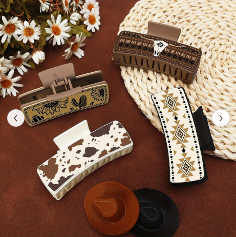 Western-Inspired Hair Claw Clips – Set of 4 Large Aesthetic Clips with Cow Print, Sunflower & Geometric Designs for Women & Girls
