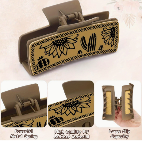 Western-Inspired Hair Claw Clips – Set of 4 Large Aesthetic Clips with Cow Print, Sunflower & Geometric Designs for Women & Girls