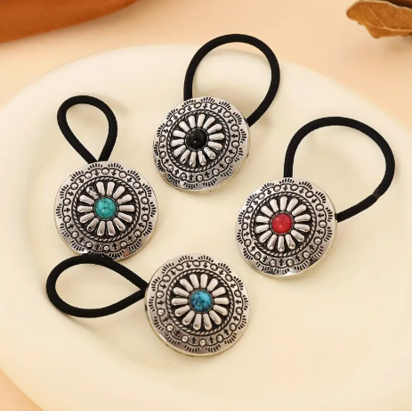 4-Piece Vintage Boho Sunflower Hair Tie Set – Western-Inspired Alloy Rubber Bands with Rustic & Crystal Accents