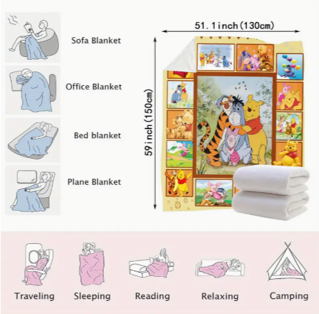 🧸 Disney Winnie the Pooh Patchwork Flannel Blanket – Soft & Cozy Collector's Throw (51"x59")