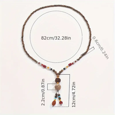 Vintage-Inspired Long Wooden Bead Necklace – Boho Sweater Chain with Tassel Pendant