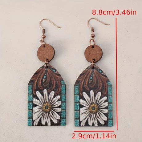 Vintage Western Daisy Arrow Earrings – Rustic Teardrop Wood with Turquoise Accents & Copper Hooks