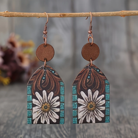 Vintage Western Daisy Arrow Earrings – Rustic Teardrop Wood with Turquoise Accents & Copper Hooks