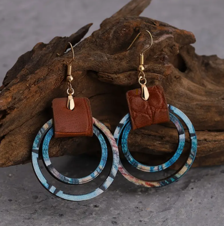 Boho Chic Silver Plated Leather Earrings with Wooden Accents