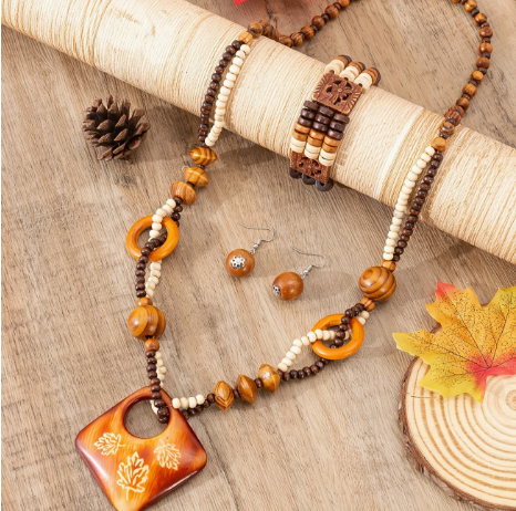 Boho Wooden Jewelry Set – 3-Piece Beaded Necklace, Pendant & Earrings