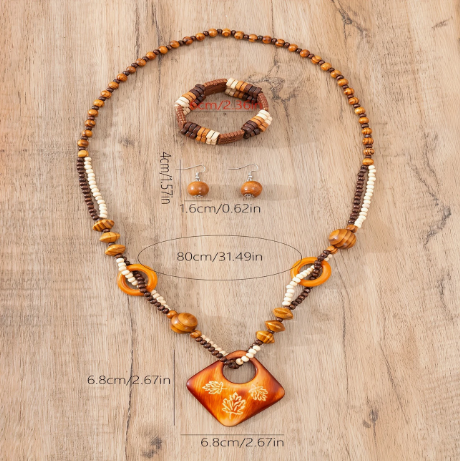 Boho Wooden Jewelry Set – 3-Piece Beaded Necklace, Pendant & Earrings