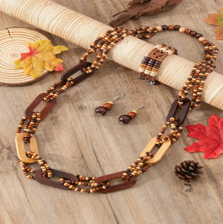 Boho-Chic 3-Piece Wooden Jewelry Set – Layered Bead Necklace, Dangle Earrings & Stretch Bracelet | Natural Rustic Style