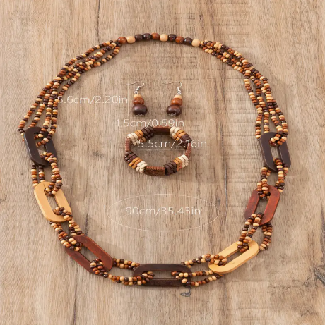 Boho-Chic 3-Piece Wooden Jewelry Set – Layered Bead Necklace, Dangle Earrings & Stretch Bracelet | Natural Rustic Style