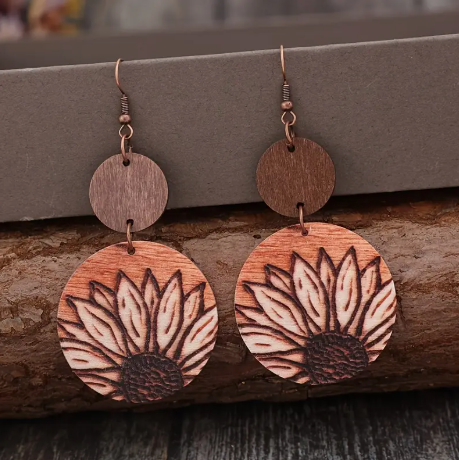 Boho Wooden Sunflower Dangle Earrings – Vintage Rustic Style with Iron Hooks | Lightweight Statement Earrings