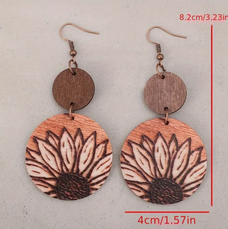 Boho Wooden Sunflower Dangle Earrings – Vintage Rustic Style with Iron Hooks | Lightweight Statement Earrings
