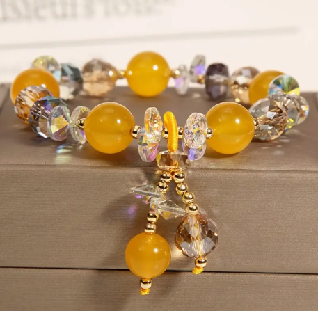 Boho Yellow Crystal Gemstone Bracelet – Handmade Beaded Stackable Jewelry for Women